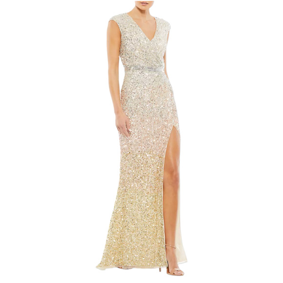 Mac Duggal 5489 Ombre Sequin Formal Gown Nude Silver Slit Evening Dress 6 NWT - Picture 1 of 15